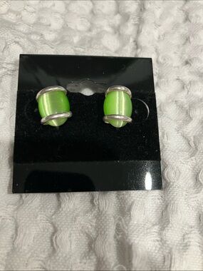 Green Dome Clip-On Earrings with Silver Accents